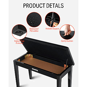 Donner Piano Bench Stool Suede Cushion Seat with Storage, Black